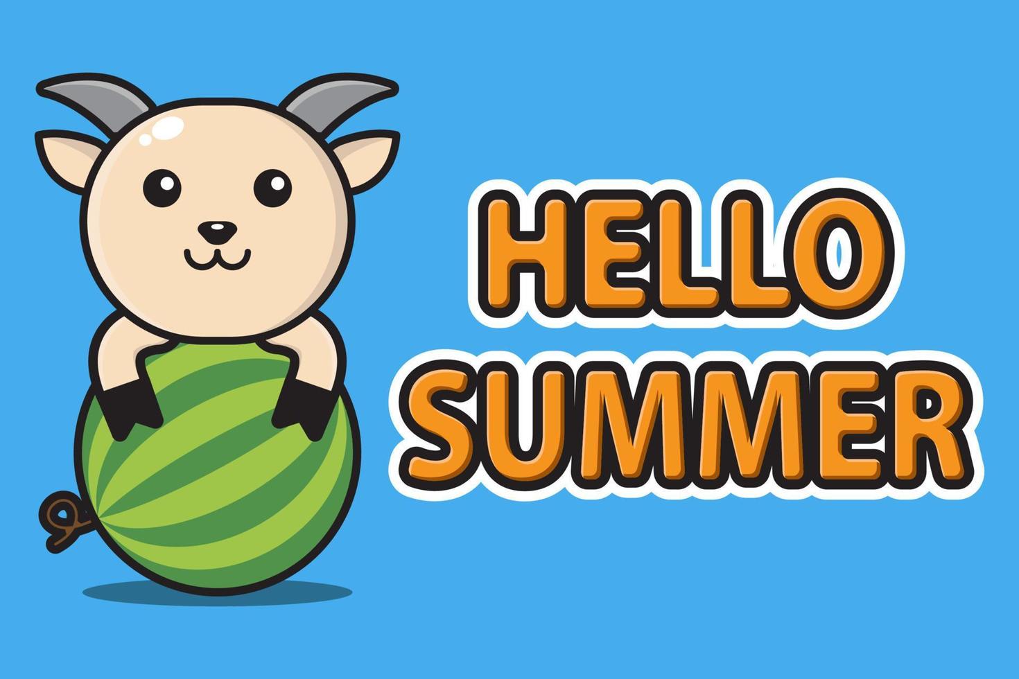 süße Maskottchen Ziege umarmt Wassermelone mit Hallo Sommergrußbanner vektor