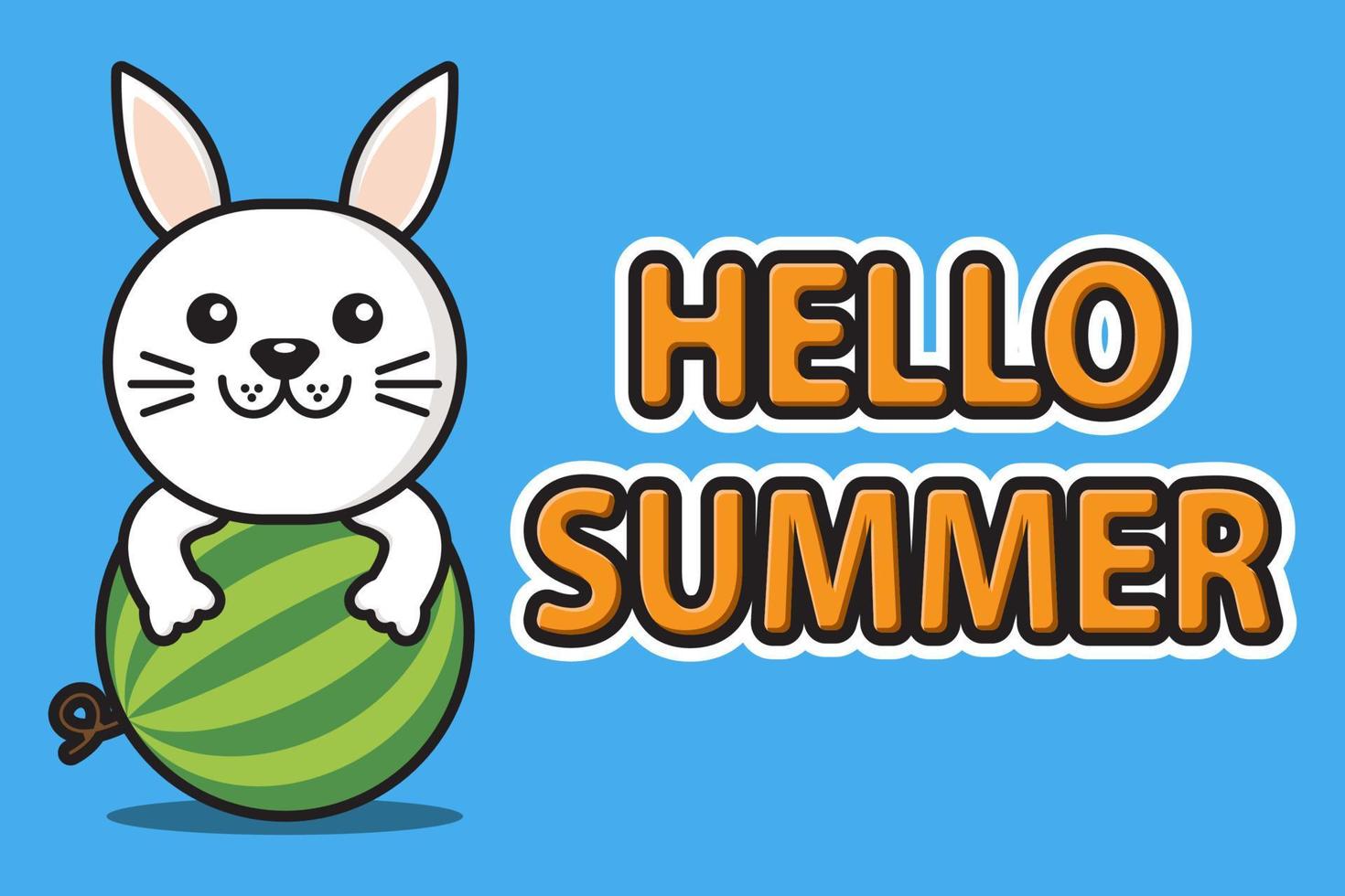 süßes Maskottchen-Kaninchen, das Wassermelone mit hallo Sommergrußbanner umarmt vektor