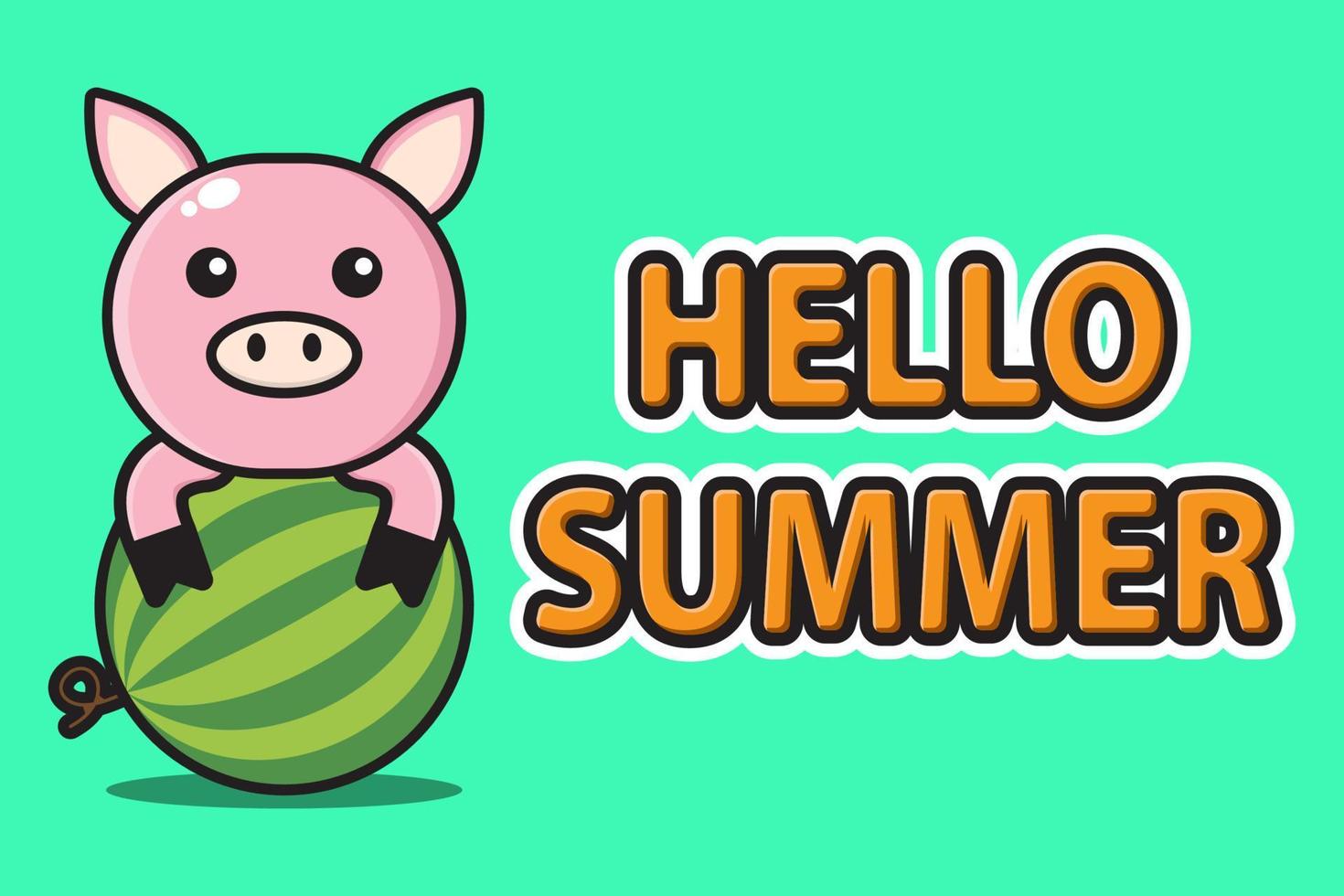 süßes Maskottchen Schwein umarmt Wassermelone mit Hallo Sommergrußbanner vektor