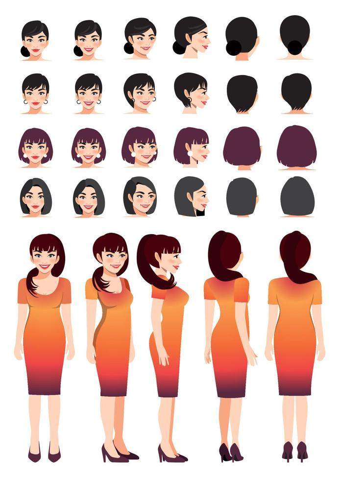 Geschäftsfrau-Cartoon-Figur im Sonnenuntergangfarbverlaufskleid und unterschiedlicher Frisur für Animationsdesignvektorsammlung vektor