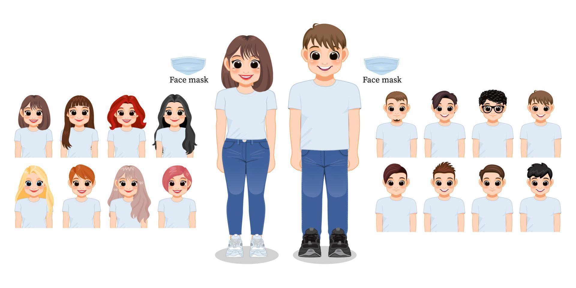 seriefigur flicka och pojke i vit skjorta och blå jeans leende. frisyr samling, vektor illustration
