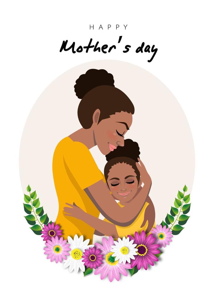Zeichentrickfigur mit afroamerikanischer Mutter und Tochter umarmen sich im Blumenkranz. Hintergrund zum Muttertag. isoliertes Design auf weißem Hintergrund. Vektorillustration vektor