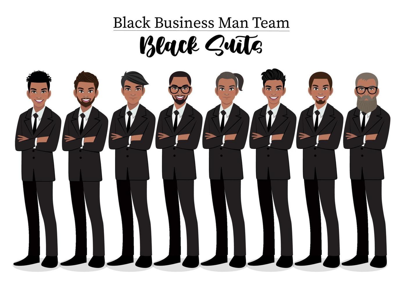 schwarzer Geschäftsmann oder amerikanisch-afrikanischer männlicher Charakter mit verschränkten Armen posieren in schwarzer Anzug-Vektor-Illustration. vektor