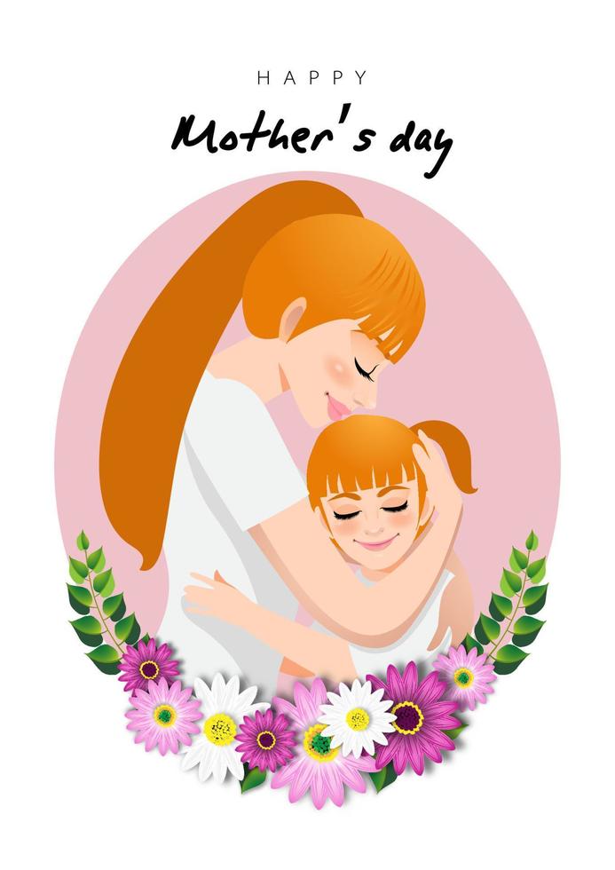 Zeichentrickfigur mit Mutter und Tochter umarmen sich im Blumenkranz. Hintergrund zum Muttertag. isoliertes Design auf weißem Hintergrund. Vektorillustration vektor