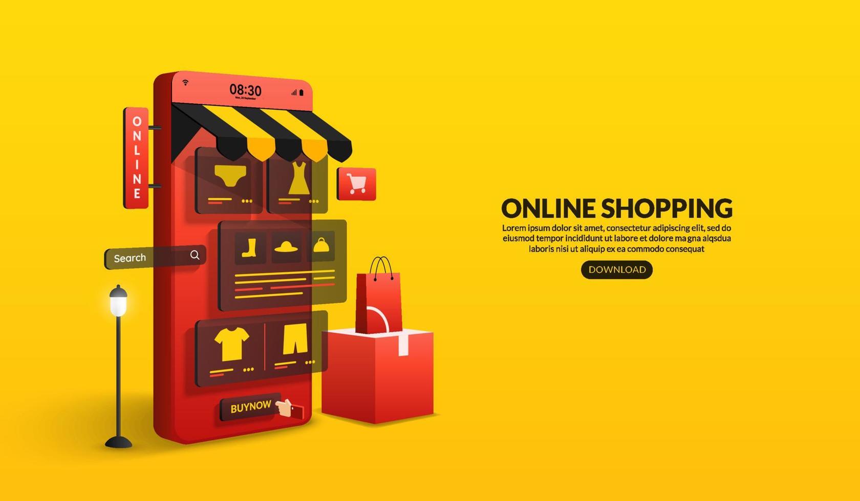 Online-Shopping auf Website und mobiler Anwendung per Smartphone, digitaler Marketingshop und Ladenkonzept vektor