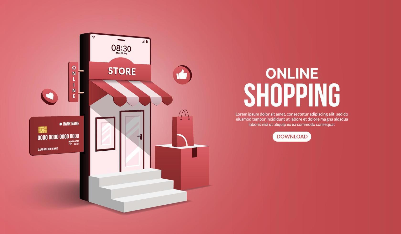 Online-Shopping auf Website und mobiler Anwendung per Smartphone, digitaler Marketingshop und Ladenkonzept vektor