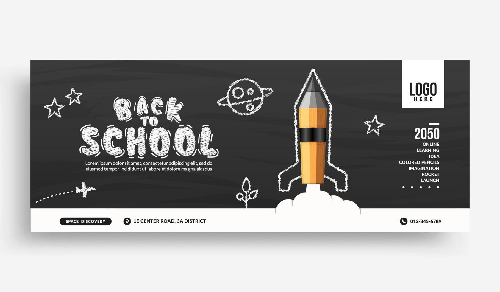Realistische Bleistiftrakete, die in den Weltraum startet, Social Media Cover-Banner-Vorlage, zurück zum Schulhintergrund vektor