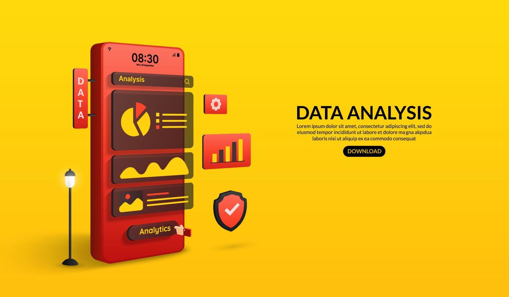 Datenrecherche und -analyse für Website und mobile Anwendung, Datenvisualisierung durch Smartphone-Konzept mit Grafik, Diagramm und Dashboard vektor