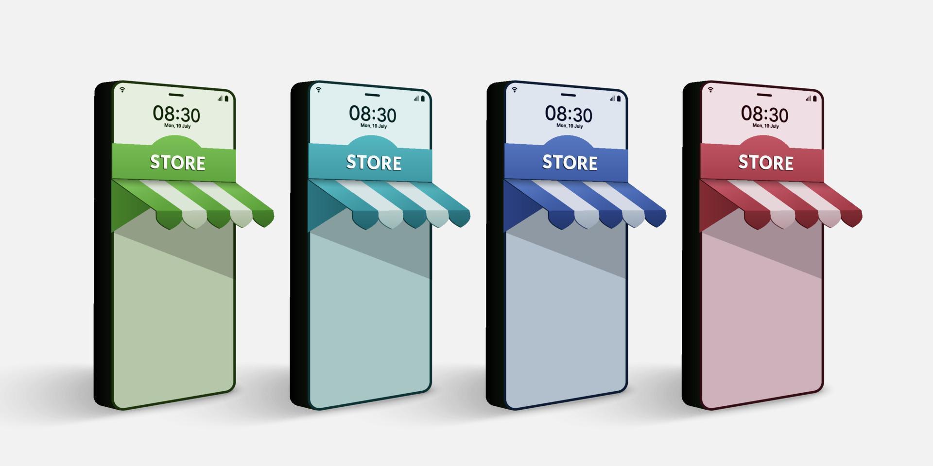 Reihe von Online-Shops in Form von 3D-Smartphones, Konzept des Online-Shoppings auf der Website und mobiler Anwendung vektor