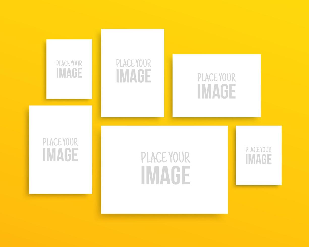 pappersarksamling på gul vägg, tomt fotoramgalleri för din designutskrift, isolerad affischmockup vektor