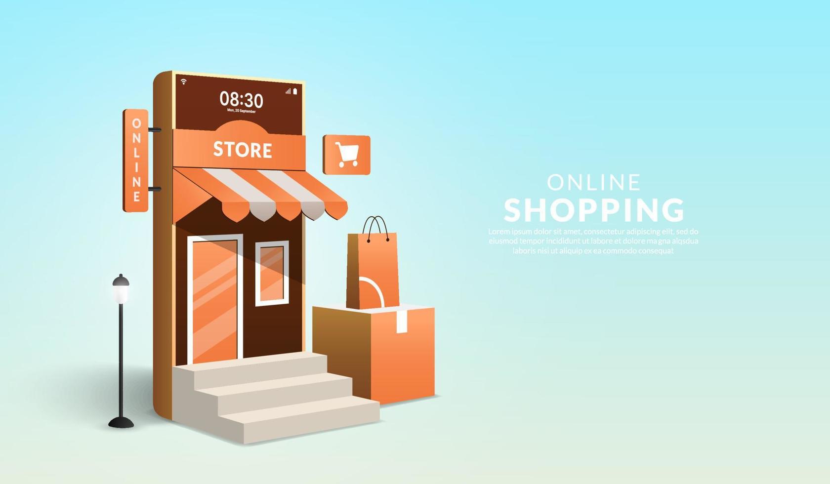 Konzept des Online-Shoppings auf Website und mobiler Anwendung, 3D-Smartphone in Form eines Mini-Shops mit Einkaufstasche vektor