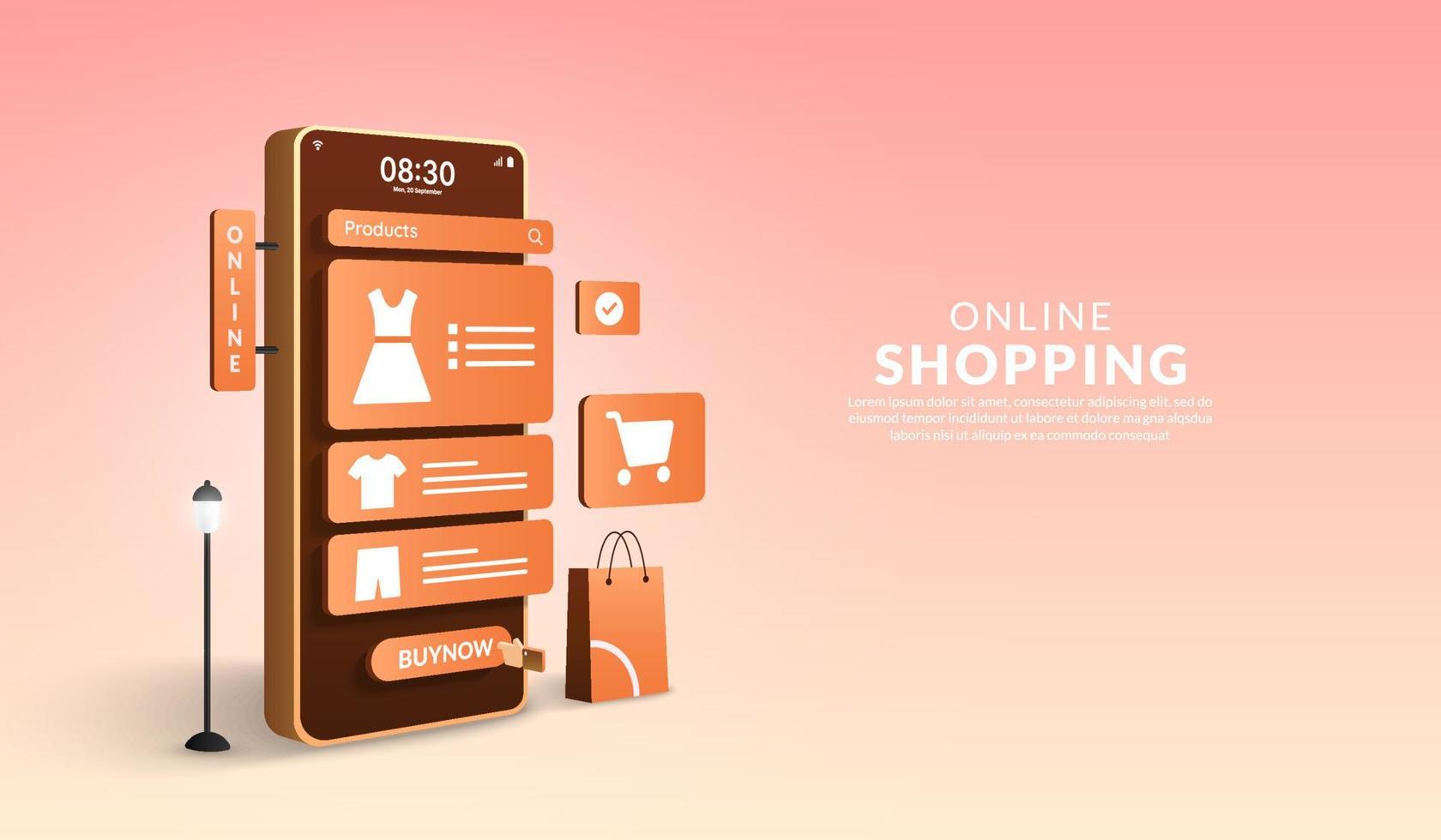 Online-Shopping auf mobilem Anwendungskonzept, digitales Marketing online, 3D-Smartphone mit Einkaufstasche vektor