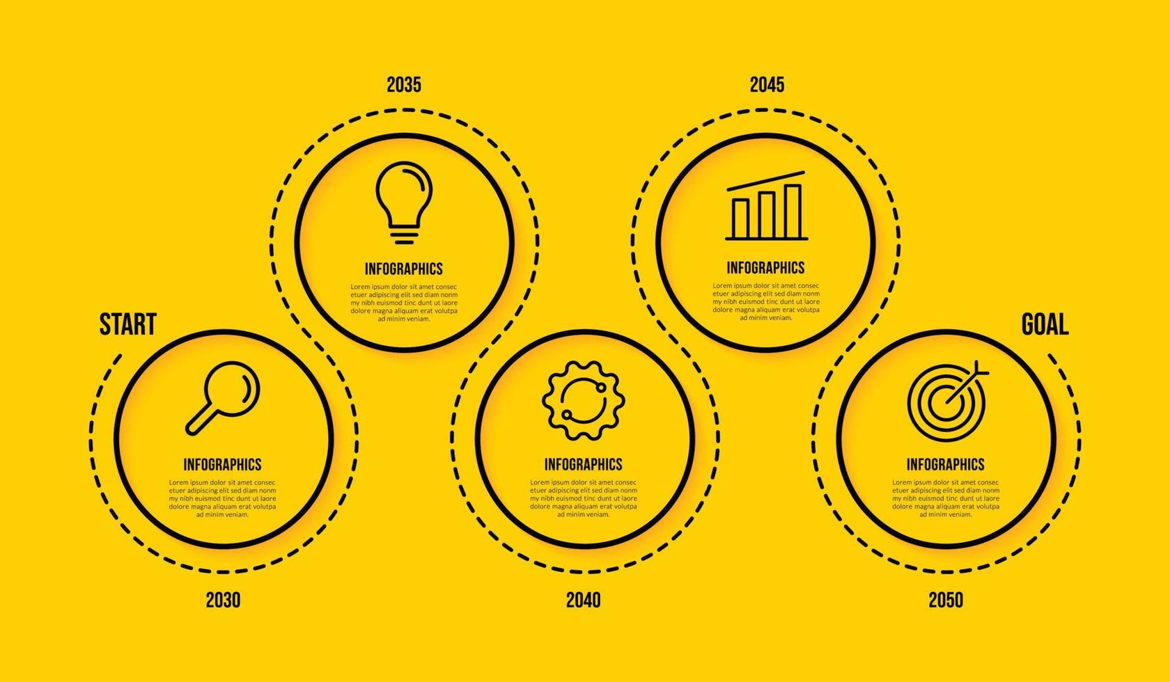 tidslinje infografisk mall med flera alternativ, affärsdata visualisering steg koncept, tunn linje ikoner stil på gul bakgrund vektor