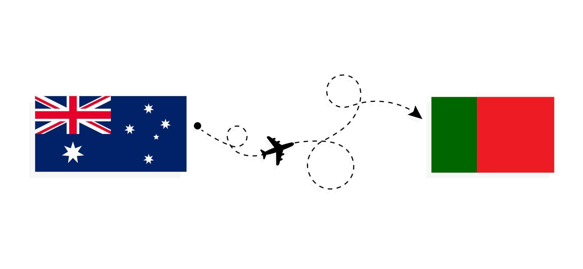 Flug und Reise von Australien nach Portugal mit dem Reisekonzept für Passagierflugzeuge vektor