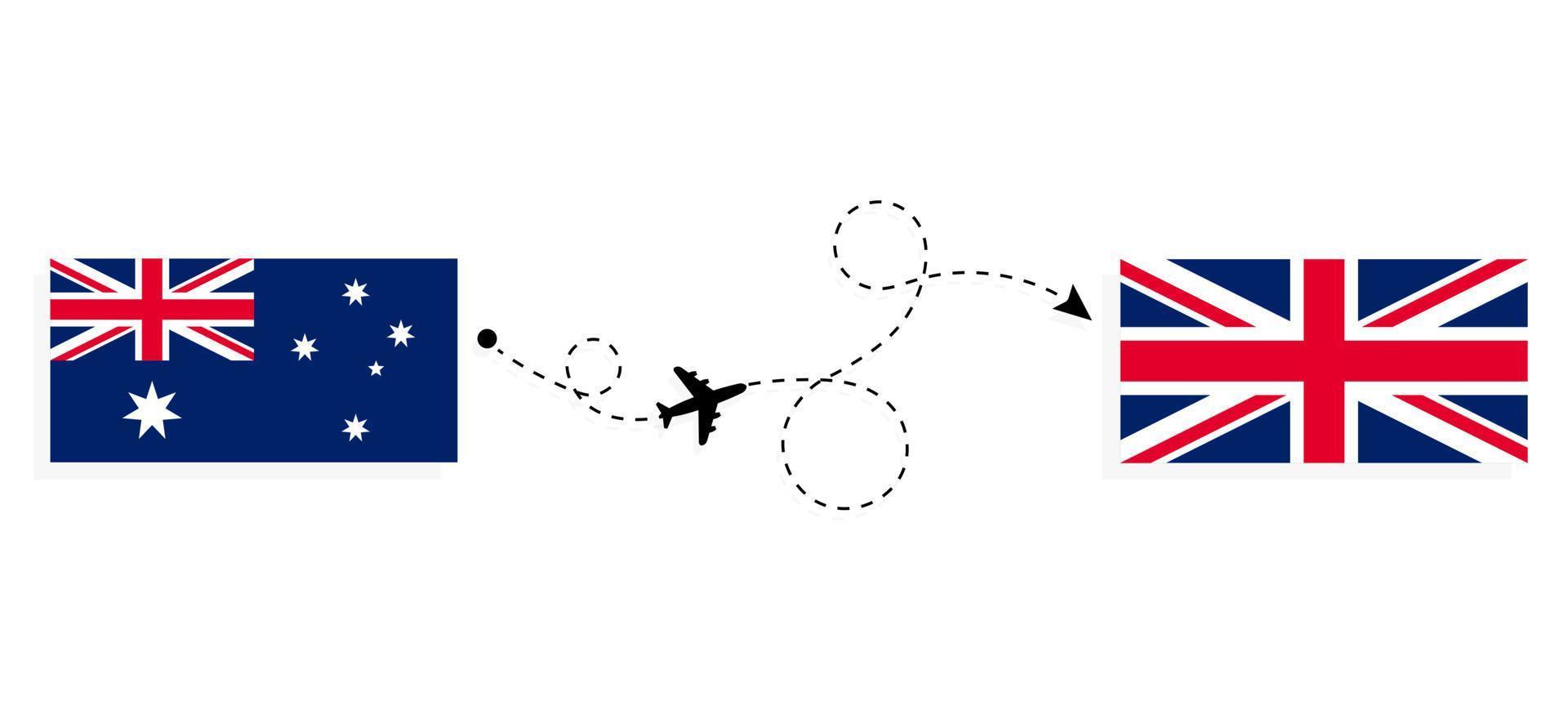 flug und reise von australien nach vereinigtes königreich von großbritannien mit dem reisekonzept für das Passagierflugzeug vektor