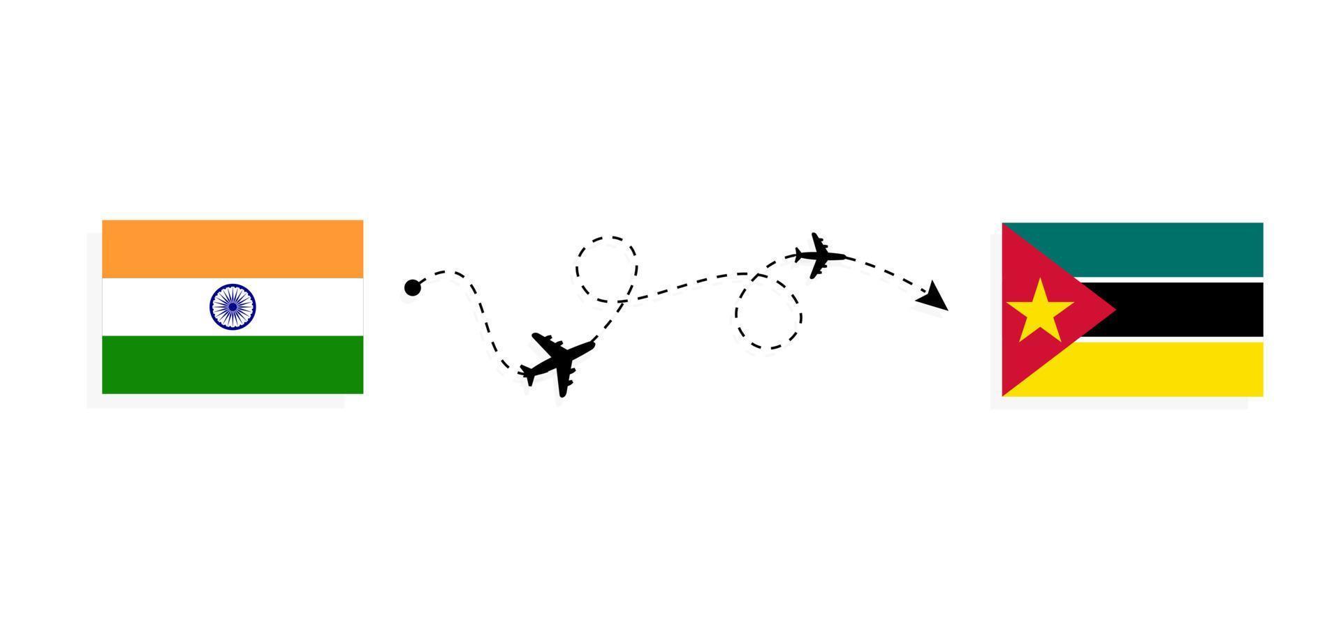 Flug und Reise von Indien nach Mosambik mit dem Reisekonzept für Passagierflugzeuge vektor