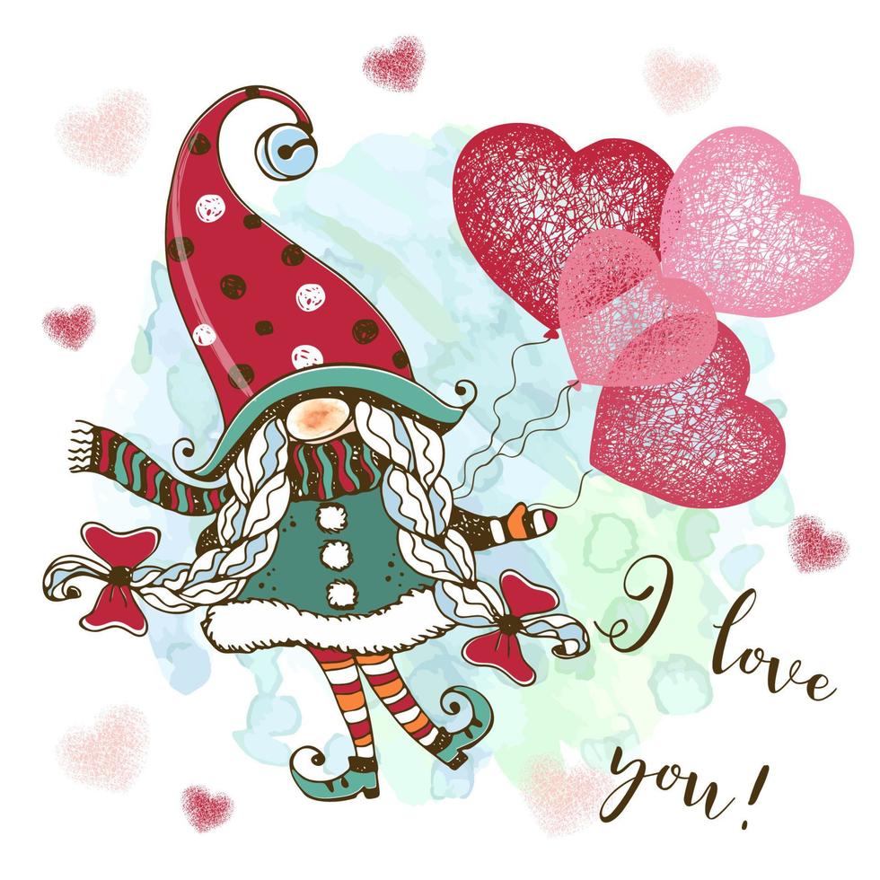 Valentinstagskarte mit einem süßen Gnomenmädchen mit Luftballons. Vektor. vektor