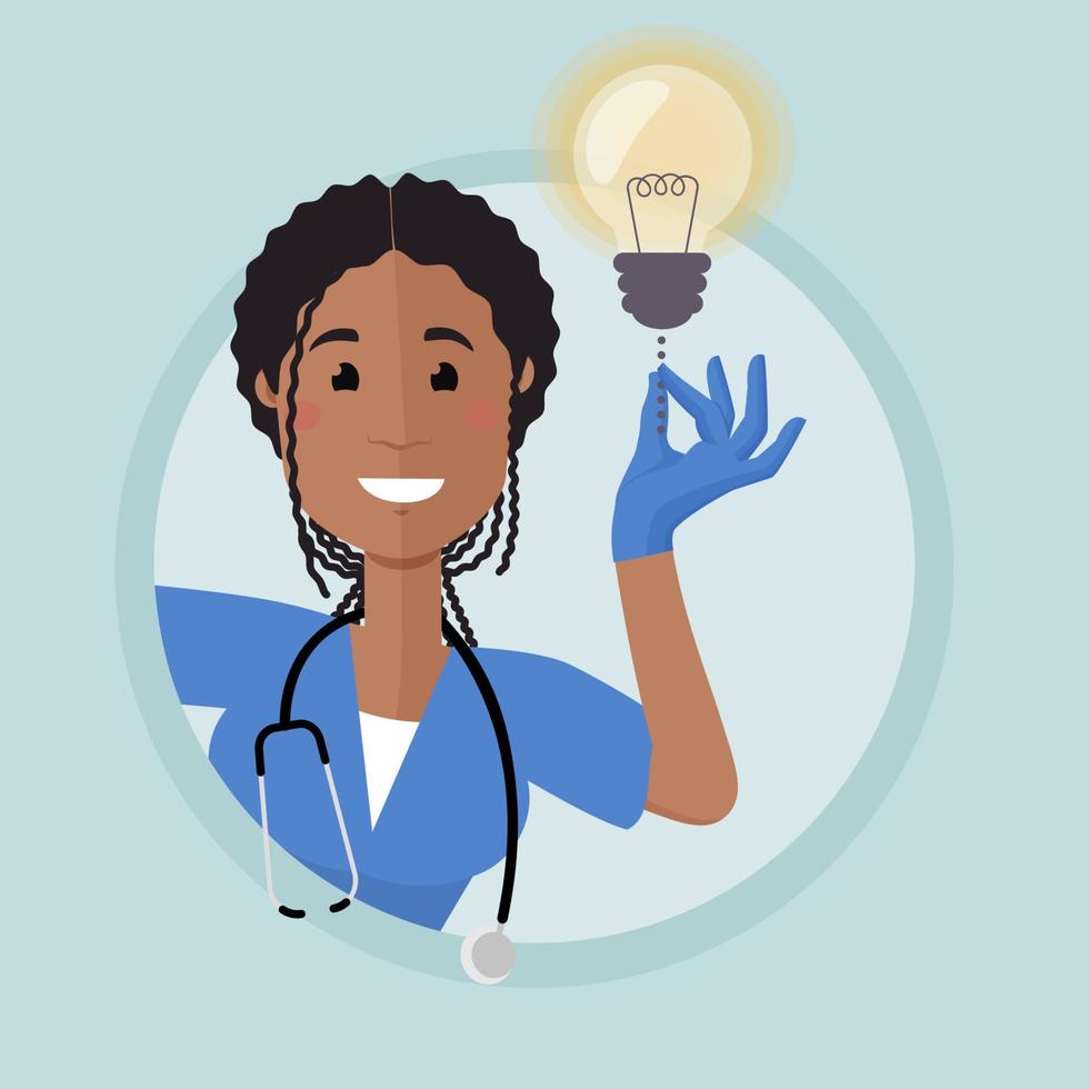 eine Krankenschwester mit afroamerikanischem Aussehen schaut um die Ecke. sie zieht am Schnürsenkel der Glühbirne. die Glühbirne geht an und leuchtet. es ist eine Idee, ein Hinweis. vektor