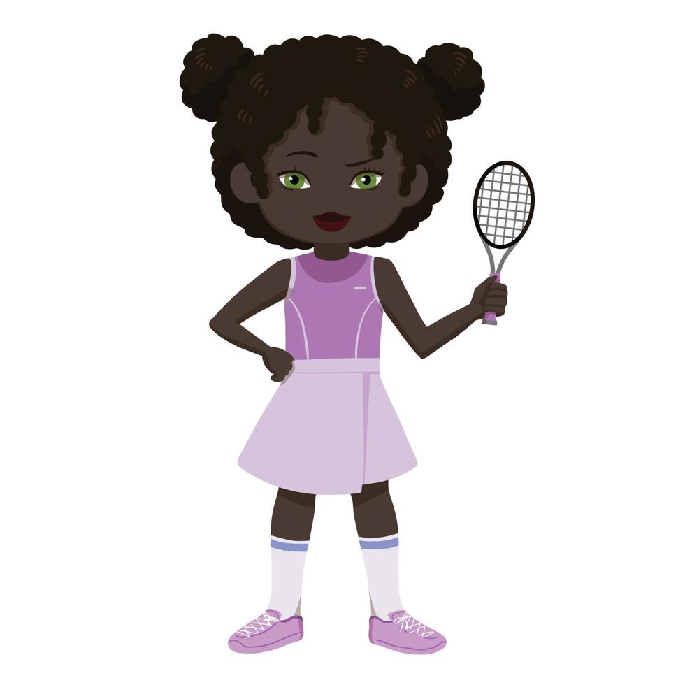 sportliches kleines afroamerikanisches Mädchen in Uniform mit Tennisschläger vektor