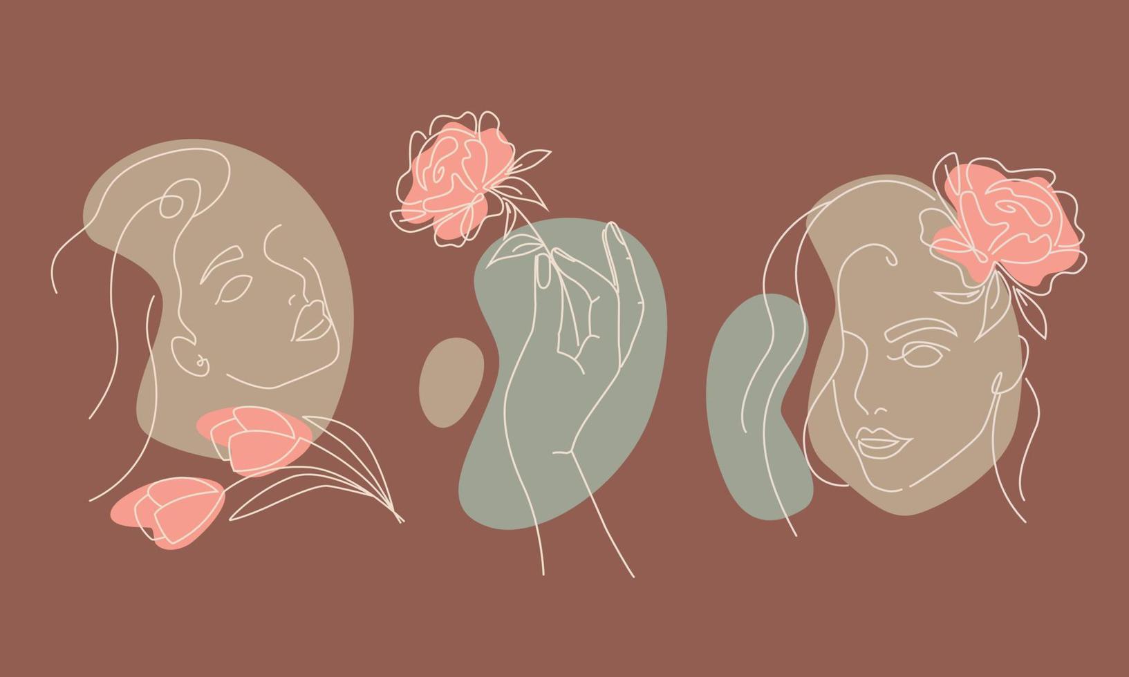 Satz von Vektor-Strichzeichnungen abstrakte Gesichter junger Frauen mit Blumen vektor