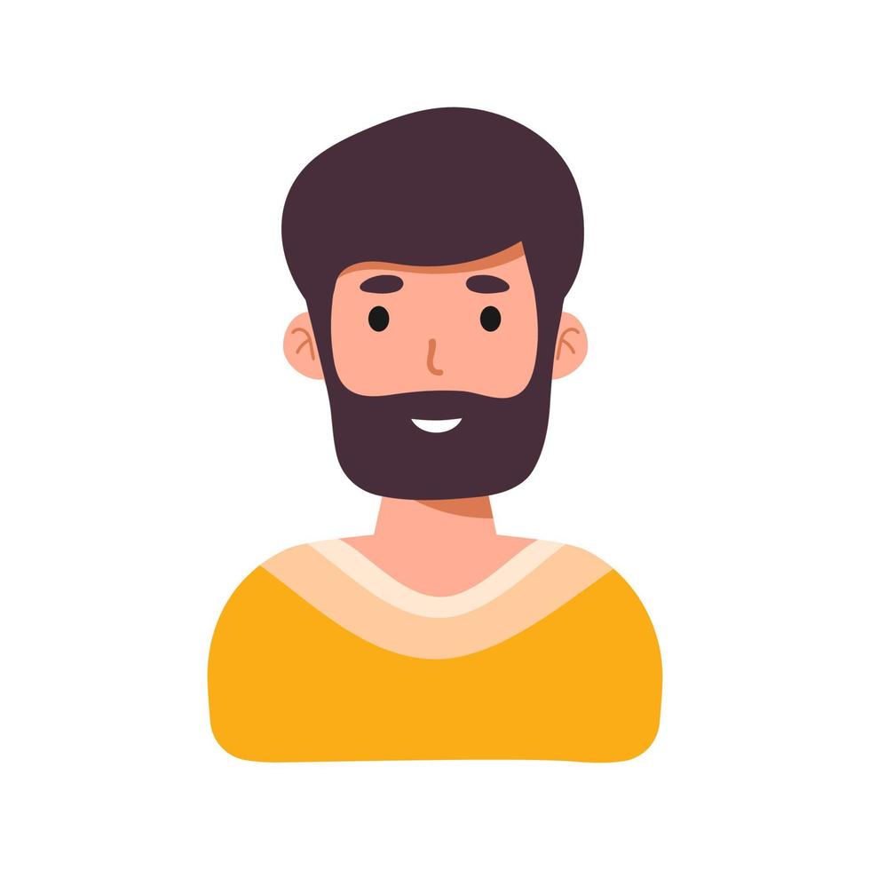 man ansikte känslomässiga ikon. leende skäggig manlig karaktär i gult. platt vektorillustration isolerade på vitt. lyckligt mänskligt psykologiskt porträtt. positiva känslor användaravatar. för app, webbdesign. vektor