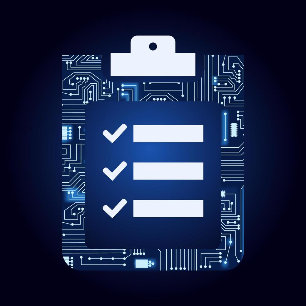 Zwischenablage mit von elektronischer Schaltung ausgefüllter Checkliste. blauer Hintergrund mit Farbverlauf. vektor