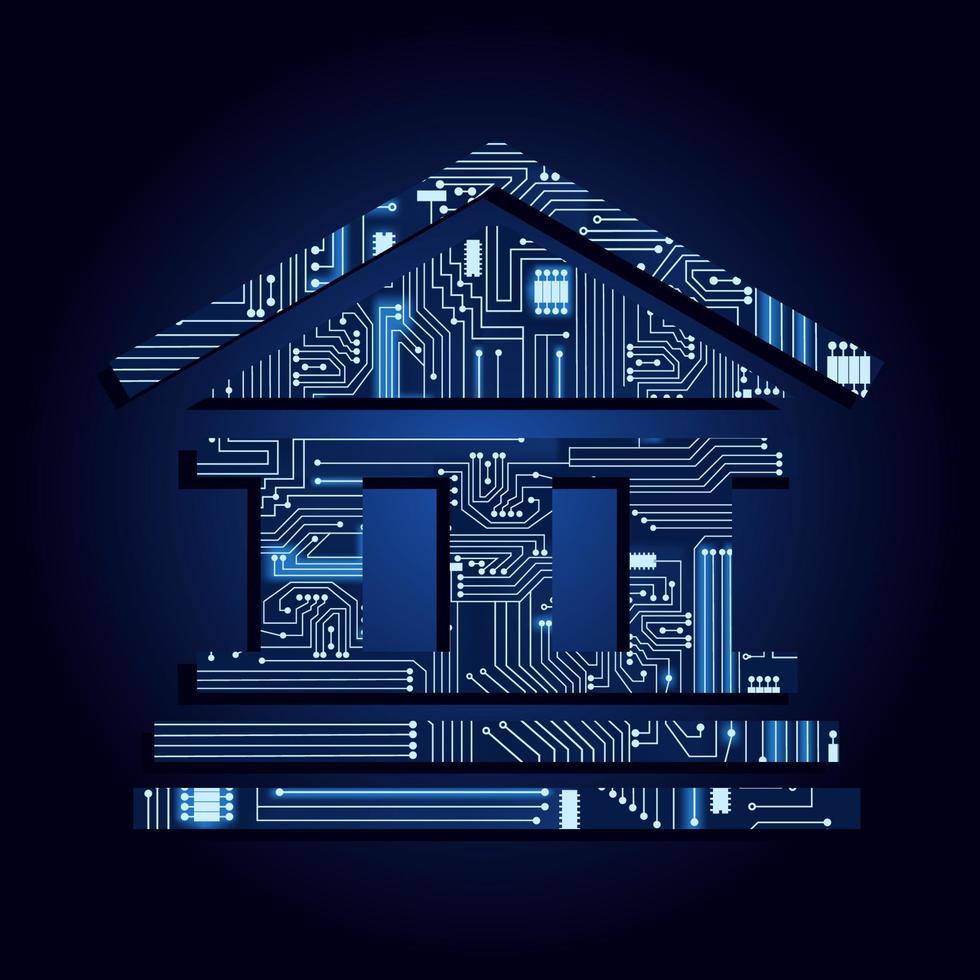 Banksymbol durch elektronische Schaltung ausgefüllt. digitales bankkonzept für den digitalen bankdienst. blauer Hintergrund mit Farbverlauf. vektor