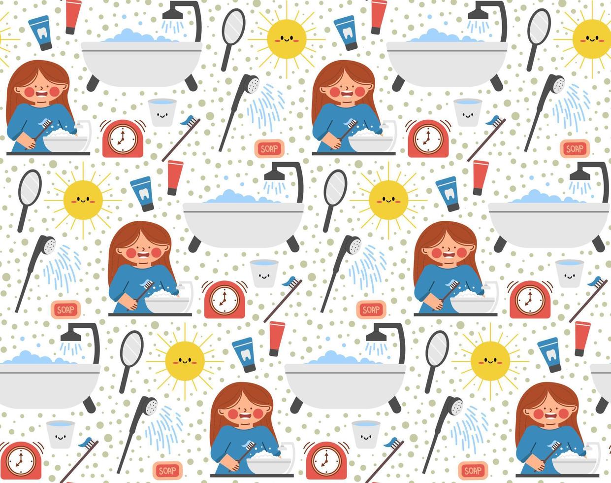 süßes kleines charakter jugendliches mädchen. Morgenroutine der Hygienemaßnahmen. Baby Kind im Badezimmer. nahtloses Muster. Vektor-Illustration. vektor