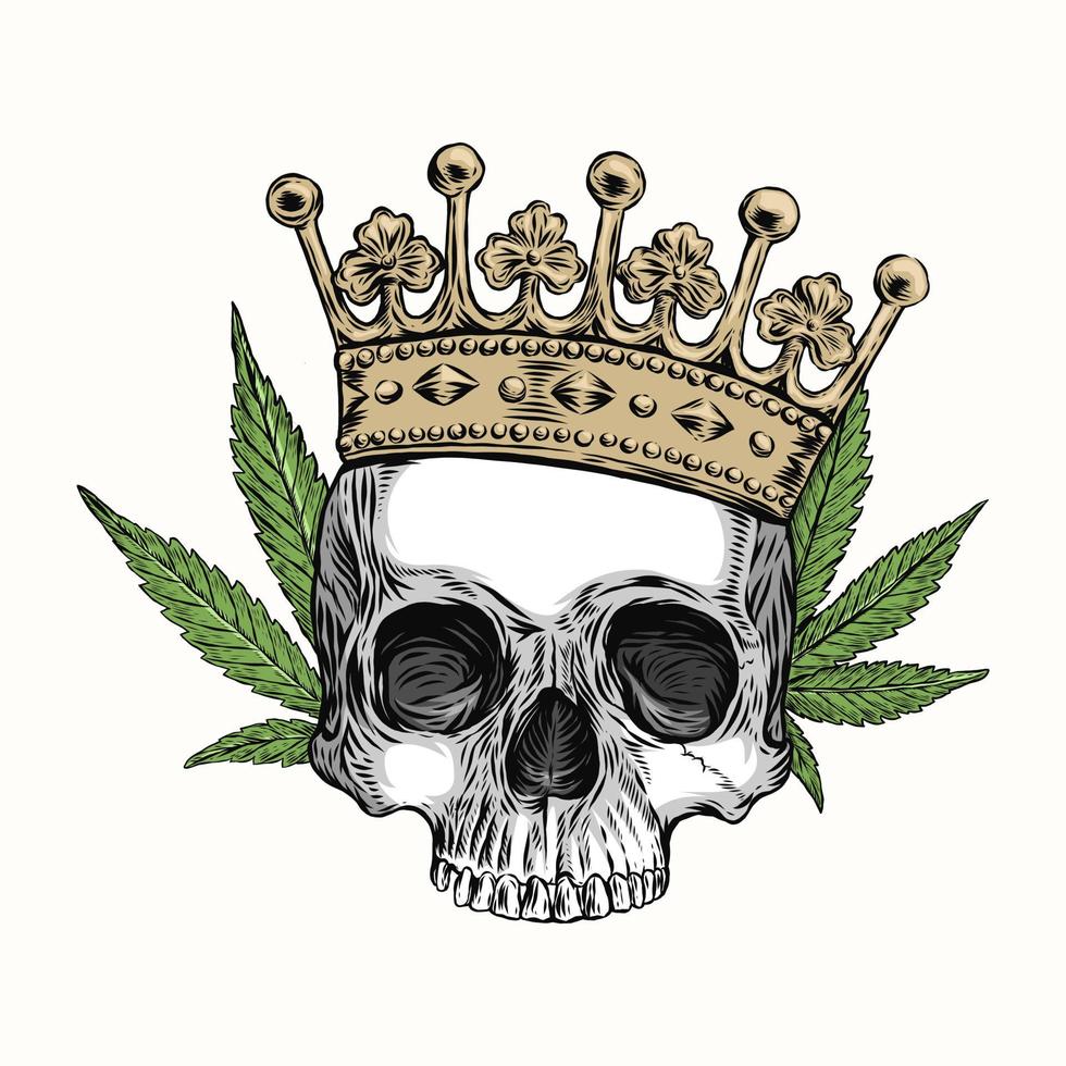 Schädel des Menschen mit Krone und Cannabis, Handzeichnung, Vektorillustration vektor