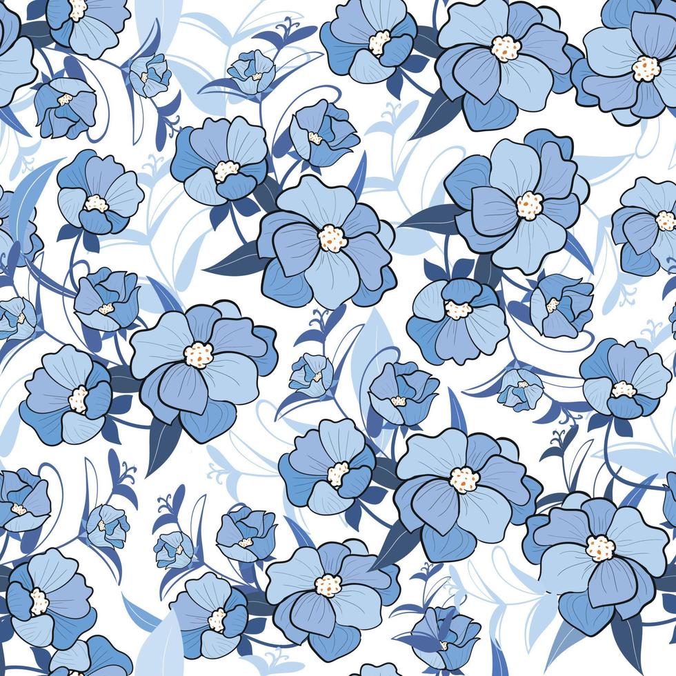 vacker blå blomma och blad seamless pattern.eps vektor