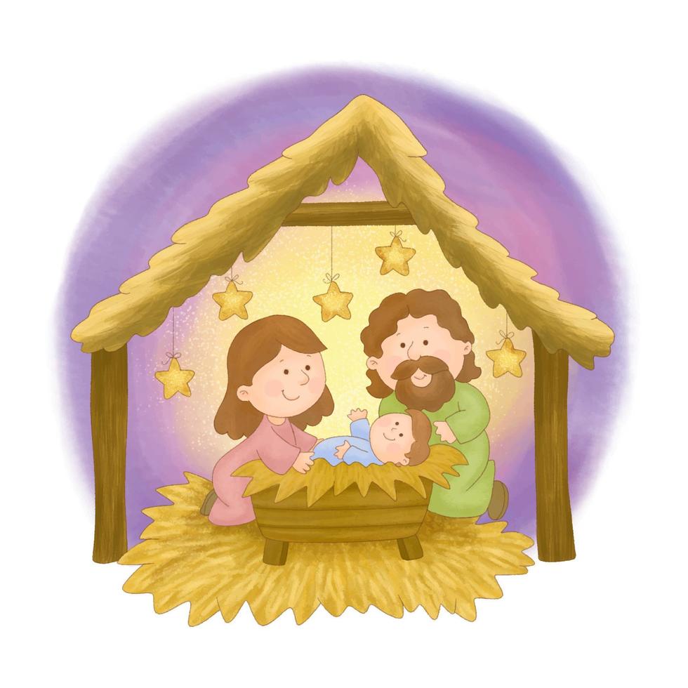 jul krubba scen med baby jesus, mary och joseph vektor
