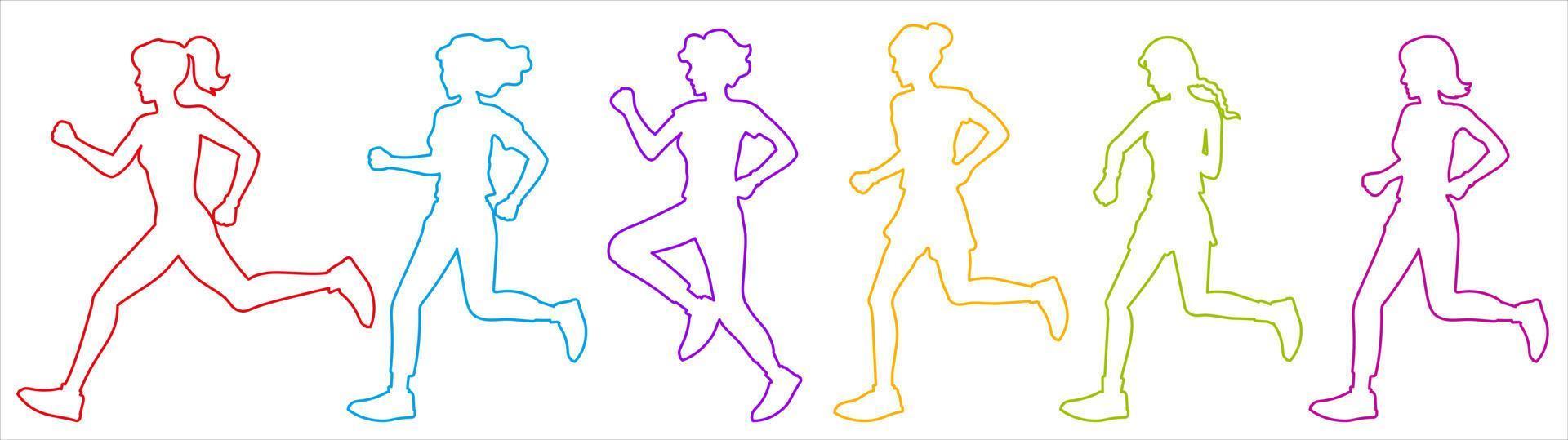 Satz von Konturen von laufenden Mädchen und Frauen in verschiedenen Farben. Silhouetten ohne Füllung auf weißem Hintergrund. Illustration für Sport und gesunden Lebensstil. vektor