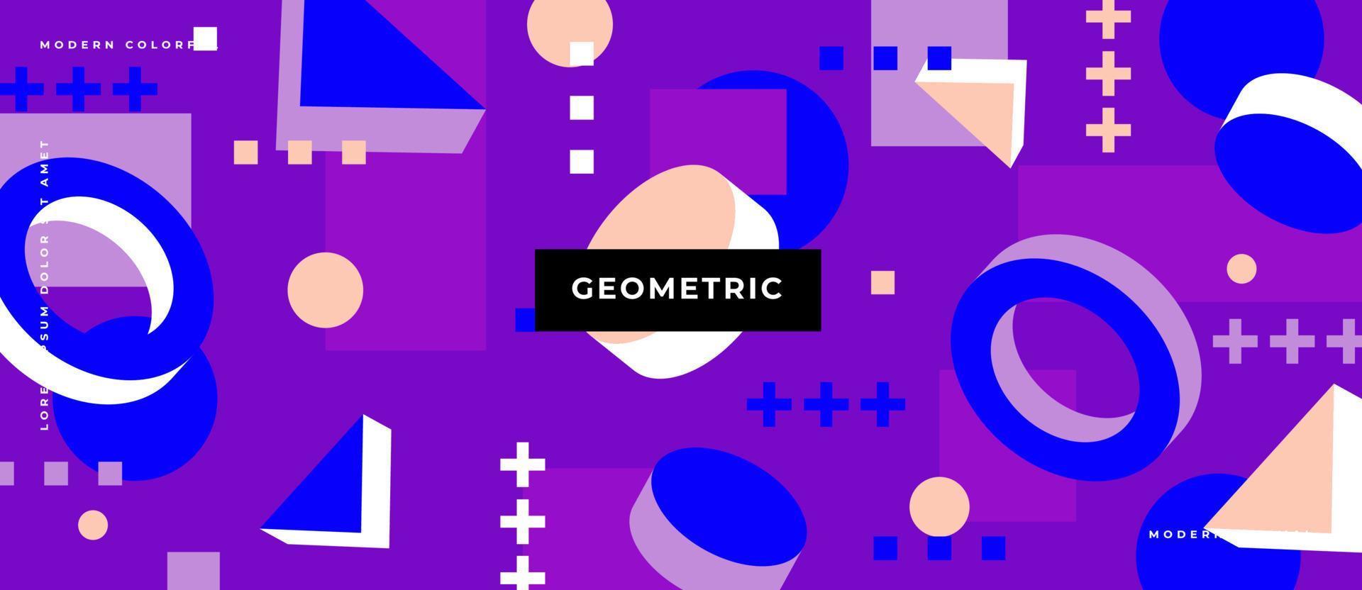 flache helle bunte 3d animierte Form. Geometrische Form im Memphis-Stil, Kreis, Dreieck, Quadrat auf violettem Hintergrund. vektor