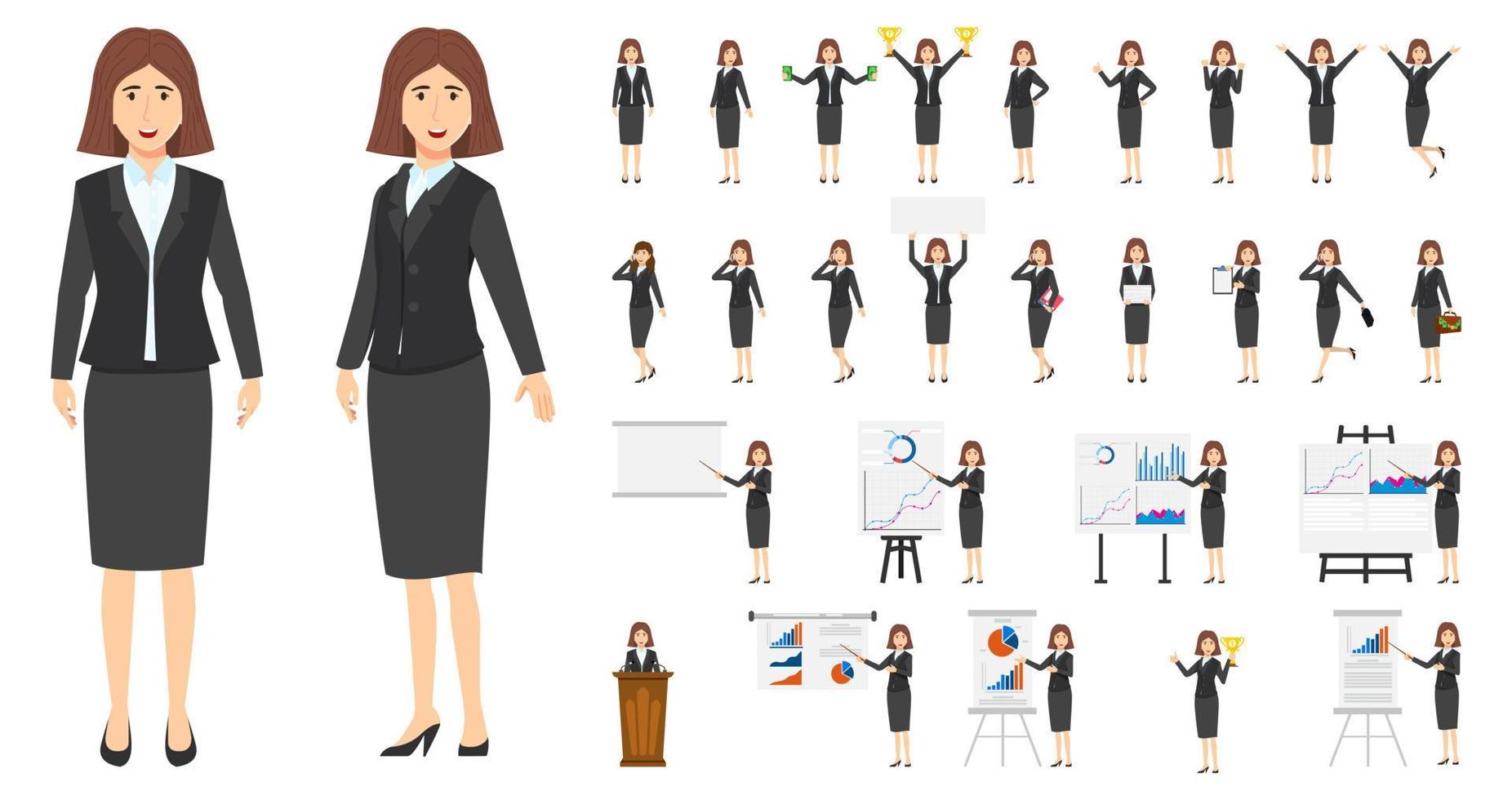 affärskvinna karaktärsuppsättning med olika poser gör olika åtgärder hoppa stående med presentationstavla med försäljning diagram diagram podium vektor
