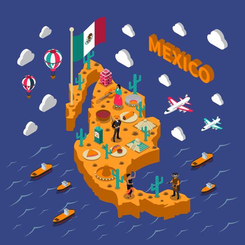 Mexikanska turistattraktioner Symboler Isometrisk karta vektor