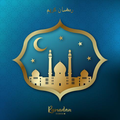 Ramadan Kareem Grußkarte. Goldene Moschee, Halbmond, Goldsterne auf blauem Hintergrund. vektor