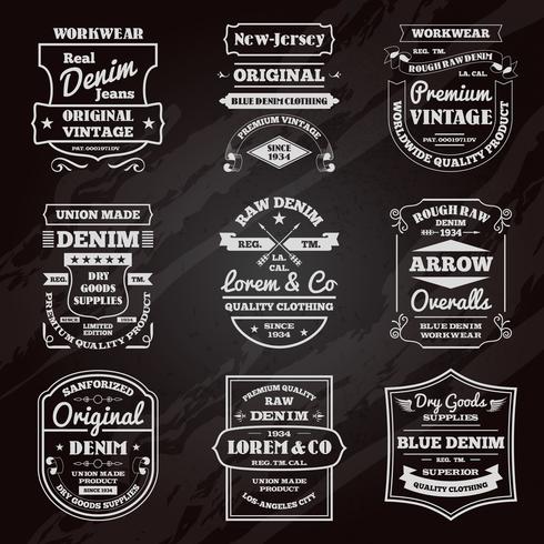 Denim typografi tavlan emblem set vektor