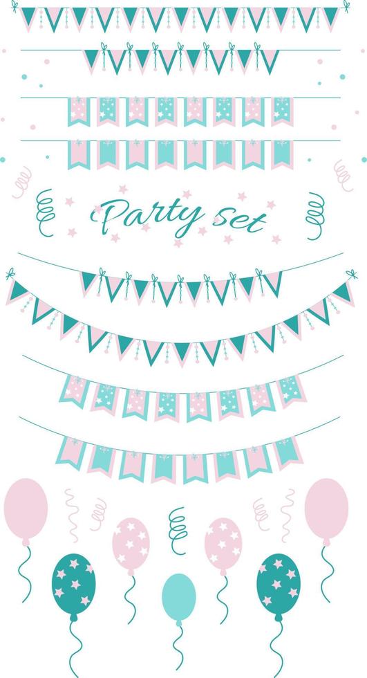 Pastellfarben-Party-Set mit Fahnengirlanden, Luftballons, Konfetti, Streamer auf weißem Hintergrund. Vektor flacher Stil