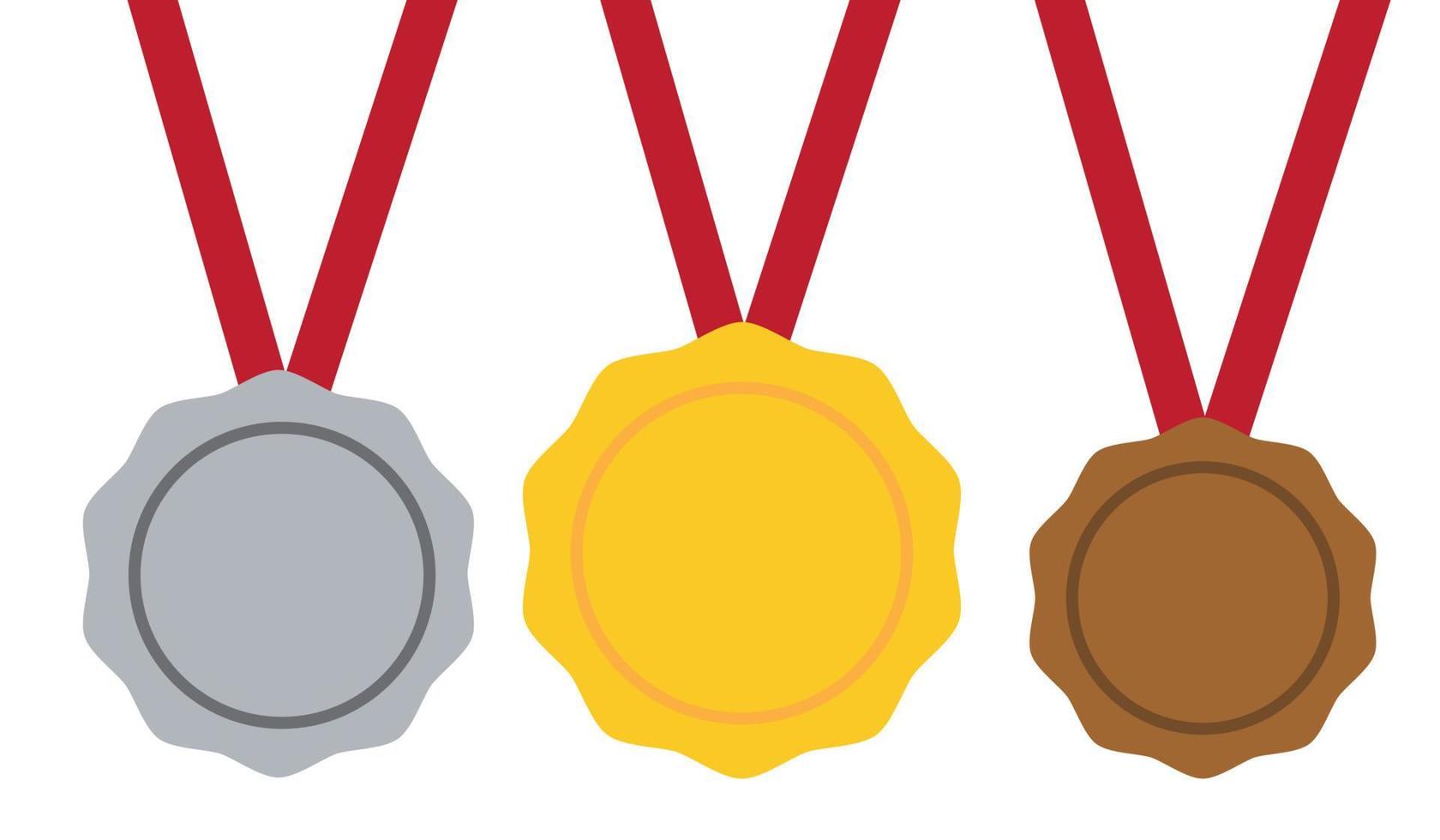 medalj guld, silver, brons. 1:a, 2:a och 3:e plats. trofé med rött band. platt stil, lager vektor. vektor