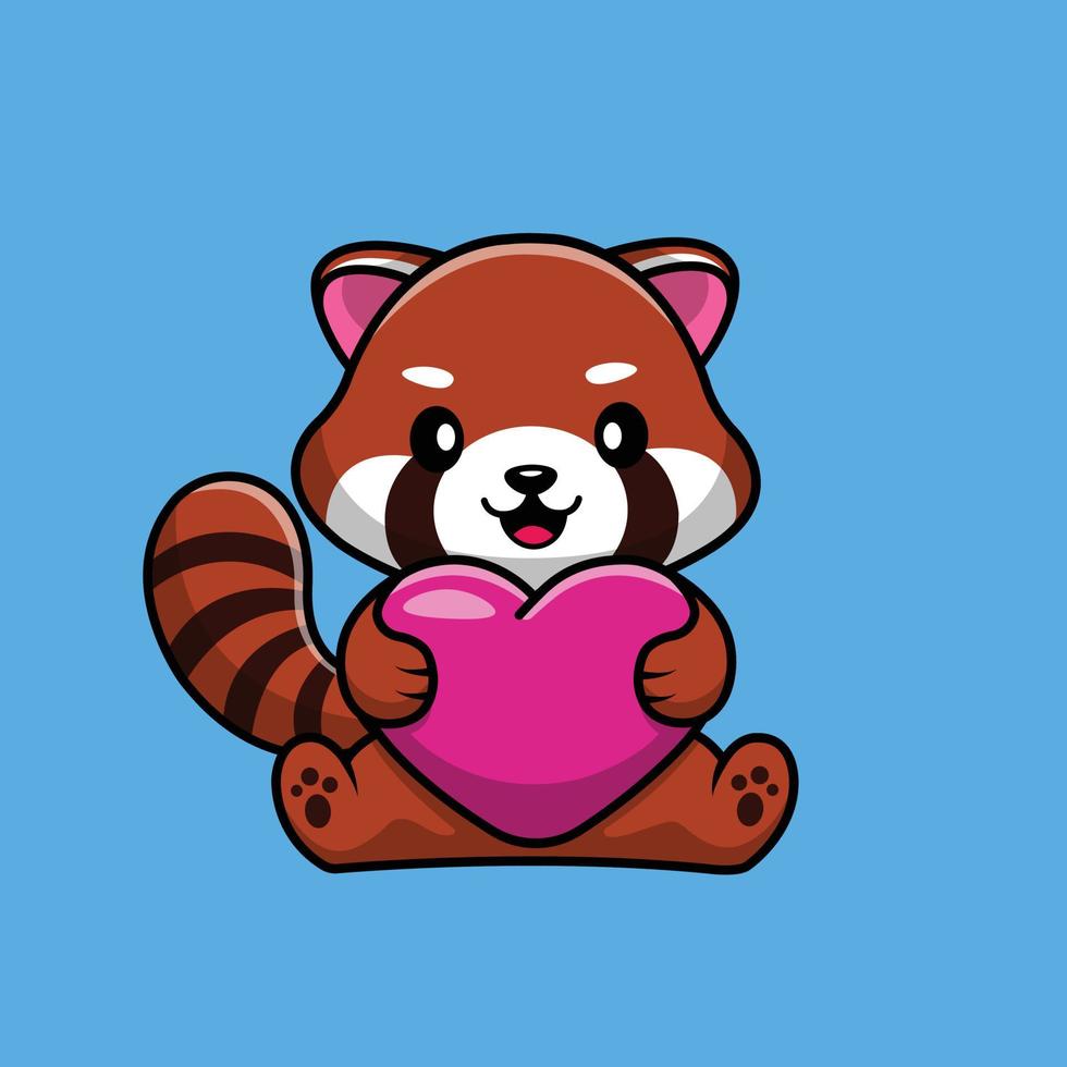 söt röd panda håller hjärtat kärlek tecknad vektor ikonillustration