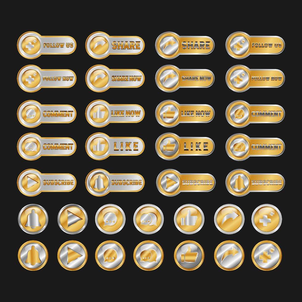 Gold-Button abonnieren, folgen, liken, teilen und kommentieren. mit Spiel, Pfeil, Sprechblase und Daumen nach oben glänzendem Effektsymbol. Premium- und Luxus-Icon-Vorlage vektor