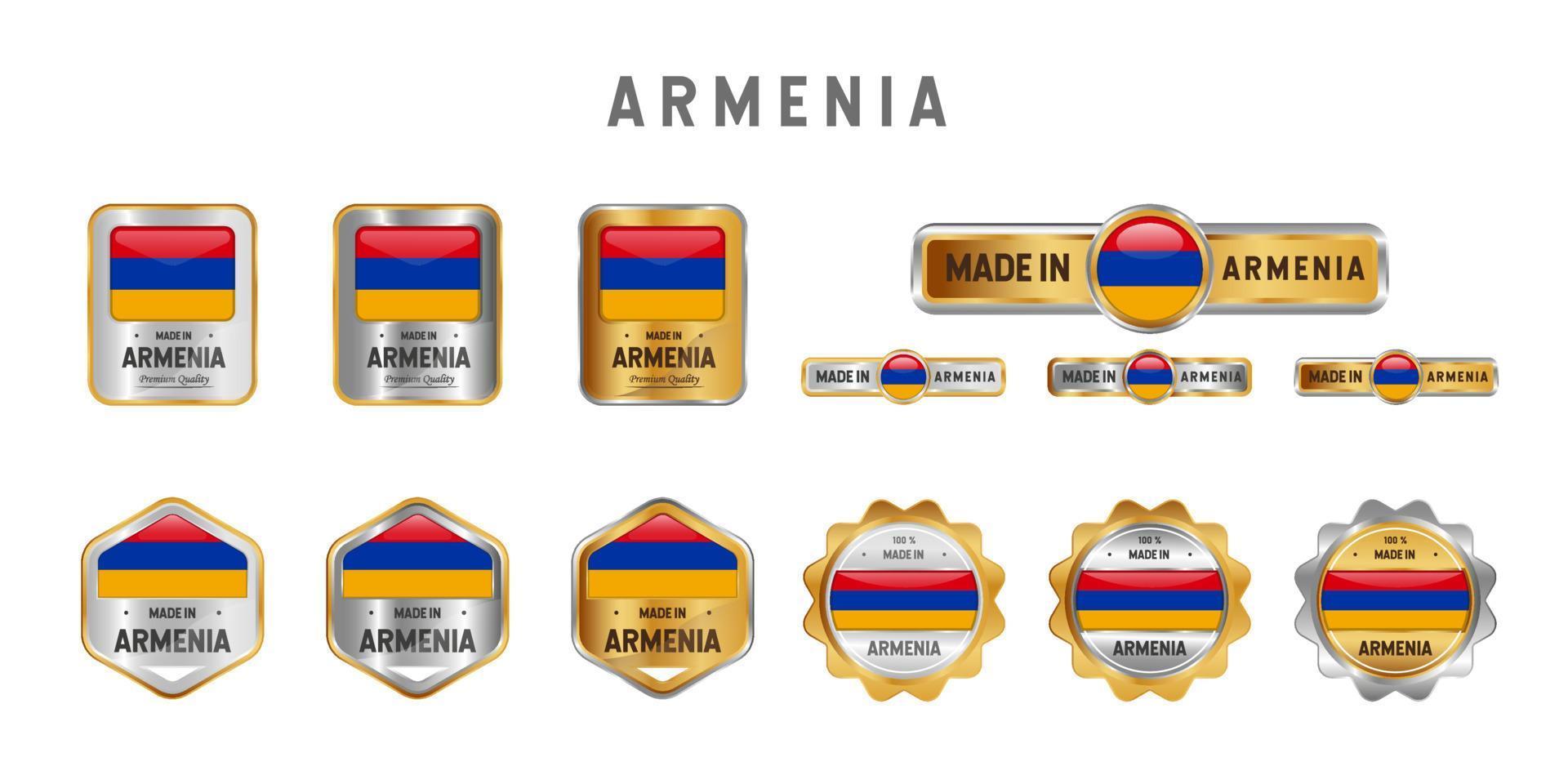 tillverkad i armenien etikett, stämpel, märke eller logotyp. med armeniens nationella flagga. på platina, guld och silverfärger. premium- och lyxemblem vektor