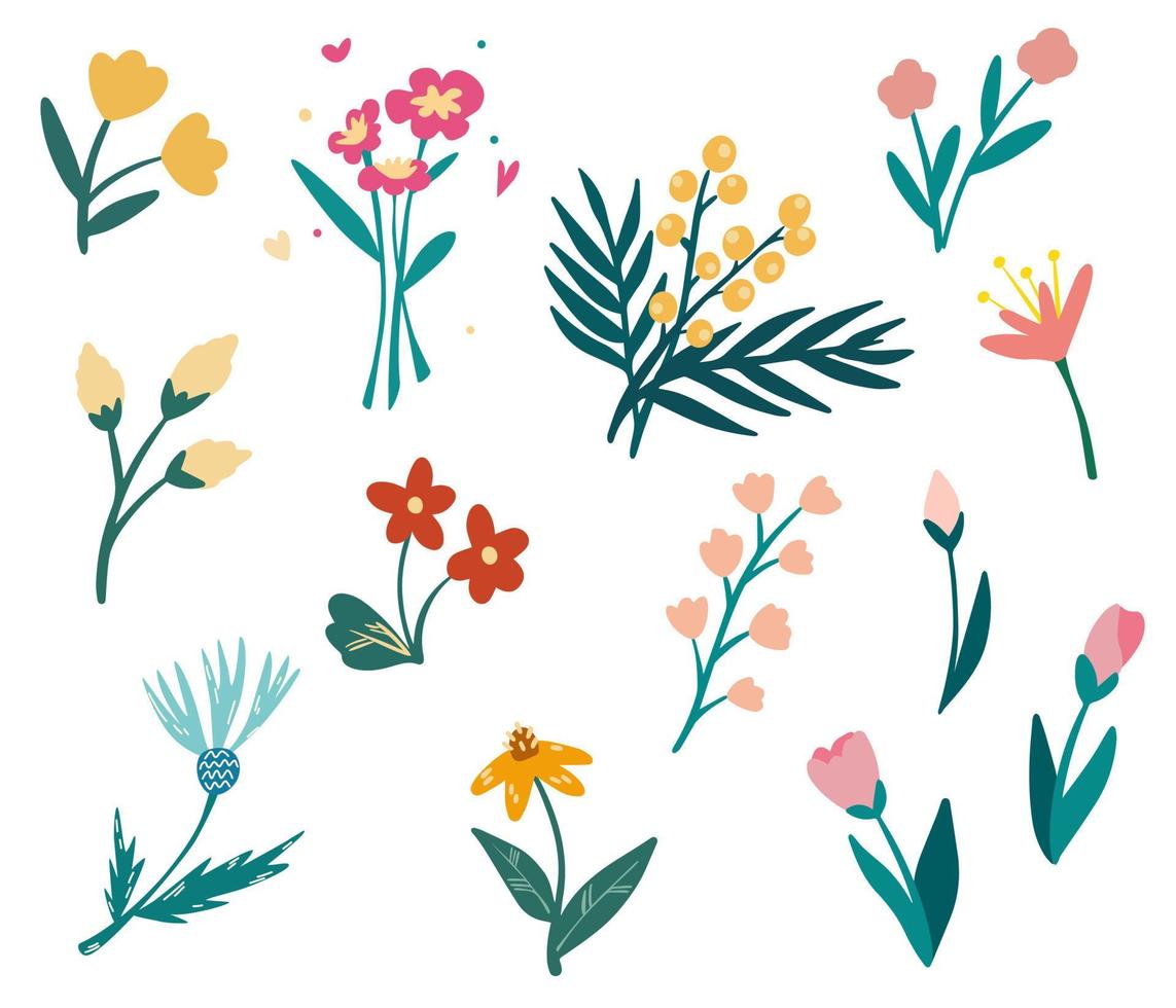 Frühlingsblumen eingestellt. Tulpen, Gänseblümchen, Rosen, Chrysanthemen und Mimosen. Arrangements für Grußkarten oder Einladungsdesign. Vektor-Cartoon-Hand zeichnen Illustration. vektor