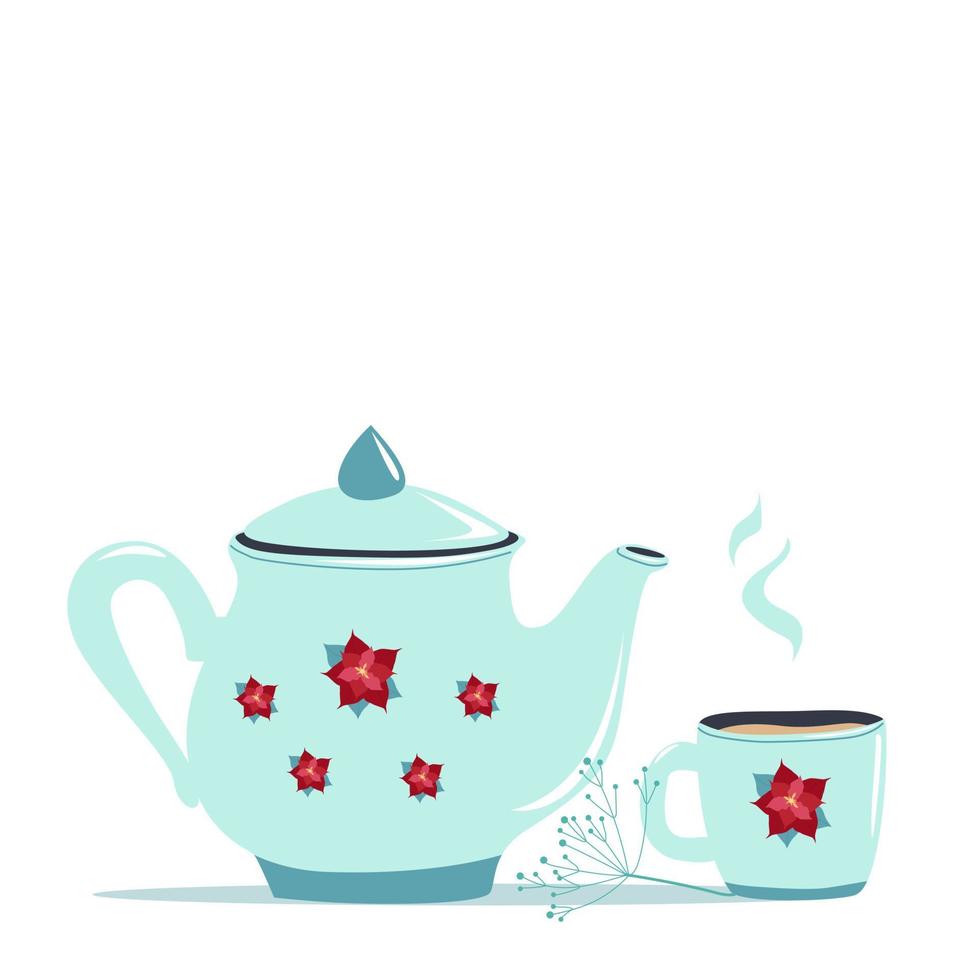 hellblaue Teekanne und Tasse Tee vektor