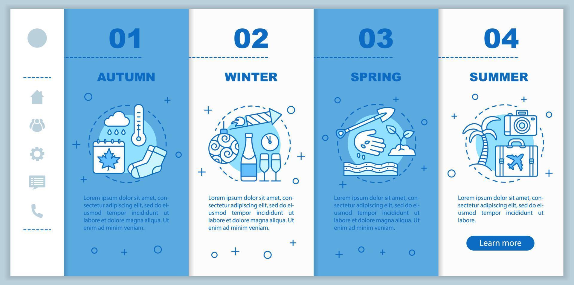 Vier Jahreszeiten Onboarding-Vektorvorlage für mobile Webseiten. Responsive Smartphone-Website-Schnittstellenidee mit linearen Illustrationen. Frühling, Sommer Webseite Walkthrough Schritt Bildschirme. Farbkonzept vektor