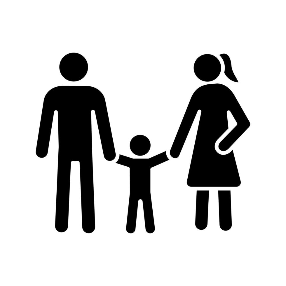 familj glyf ikon. siluett symbol. kvinna, man och barn. positivt föräldraskap. barnomsorg. lyckligt föräldraskap. pappa, mamma och bebis. negativt utrymme. vektor isolerade illustration