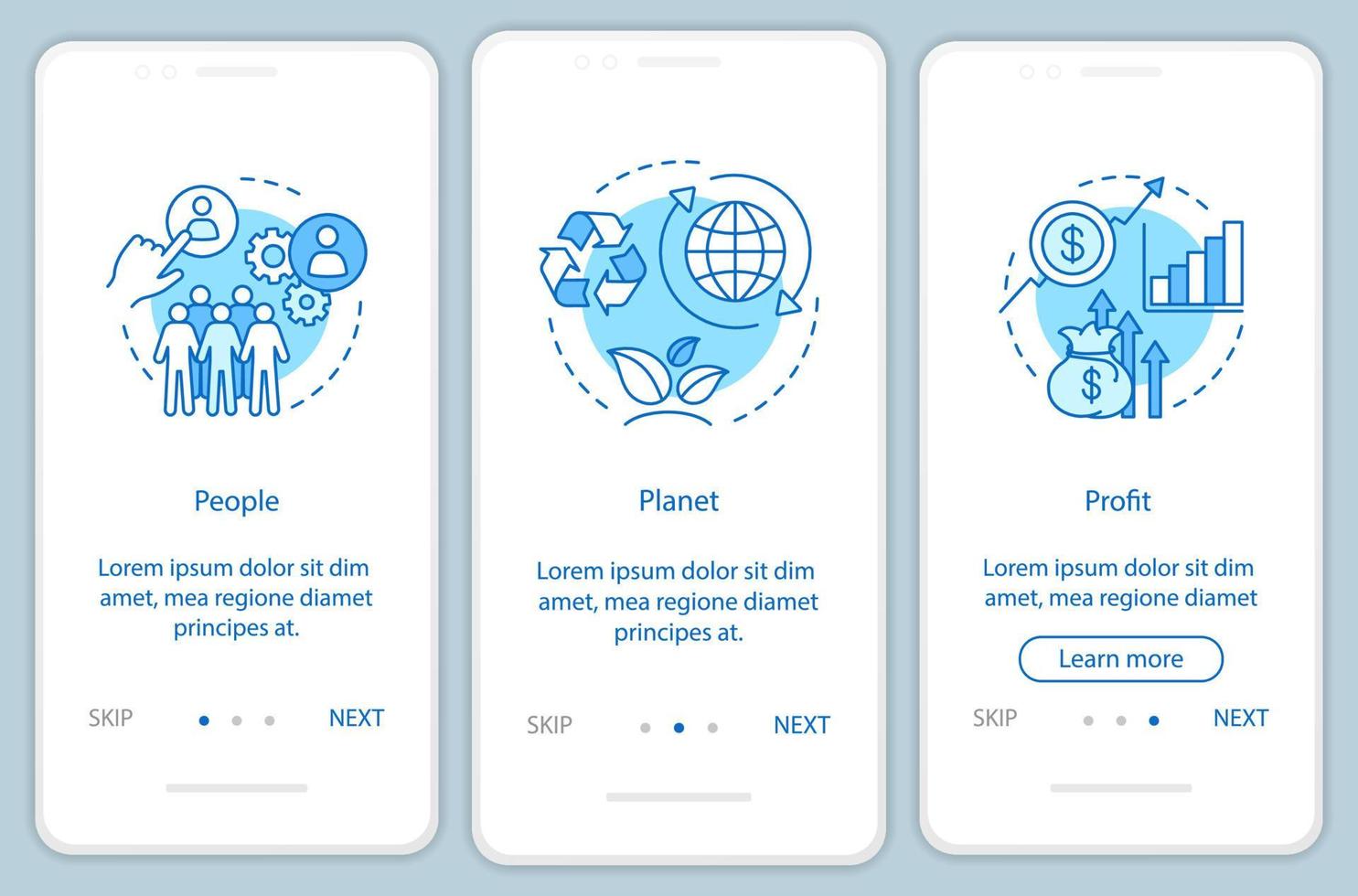 hållbar utveckling onboarding mobil app sid skärmmall. people, planet and profit genomgångssteg på webbplatsen. resurshantering. trefaldig slutsats. tbl. ux, ui, gui smartphone-gränssnitt vektor