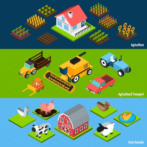 Farm horisontella isometriska banderoller uppsättning vektor