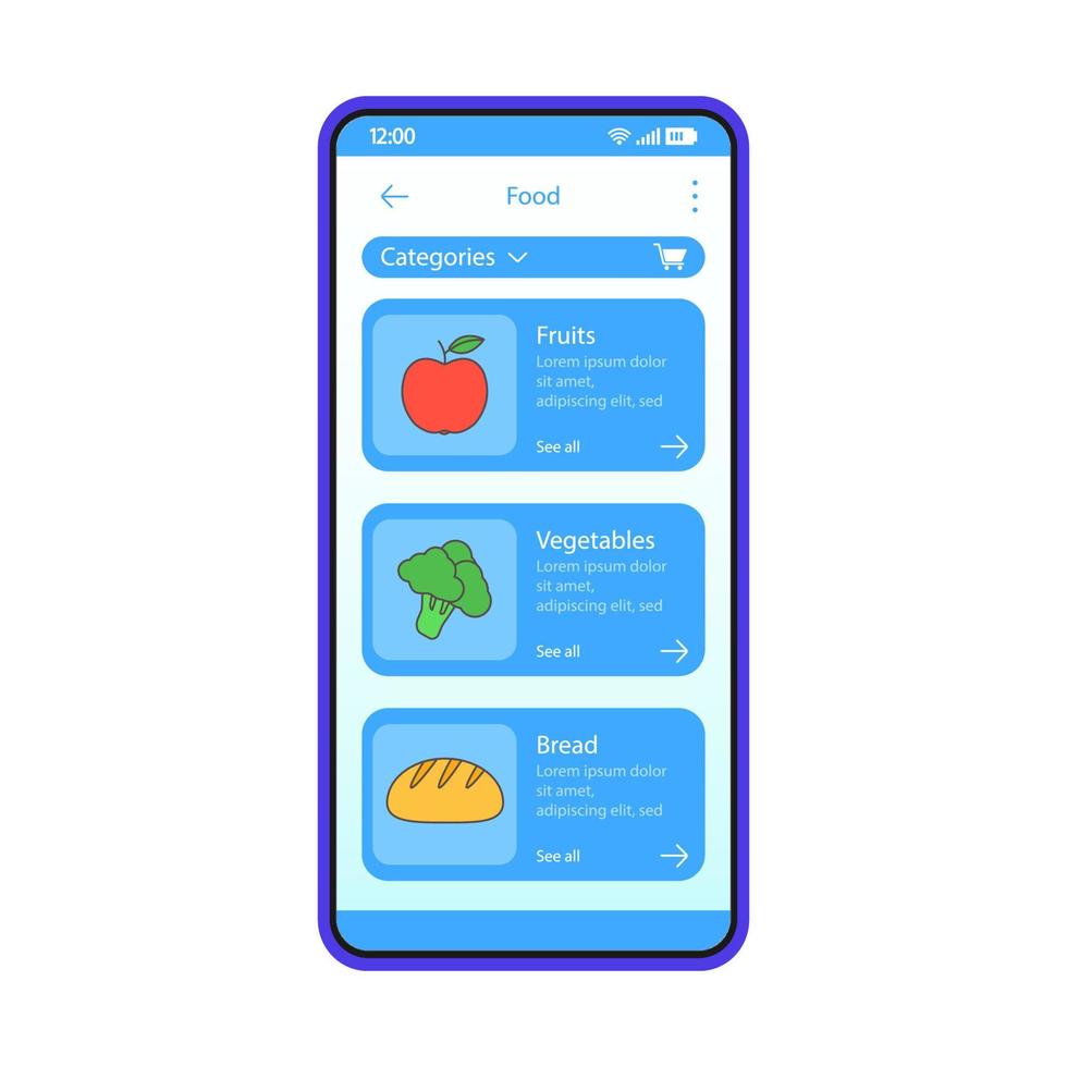 livsmedelsbutik app gränssnitt vektor mall. mobilapp gränssnitt blå design layout. inköp av mat via smartphone. E-handel. frukt, grönsaker, bröd. platt ui. telefondisplay med matkategorier