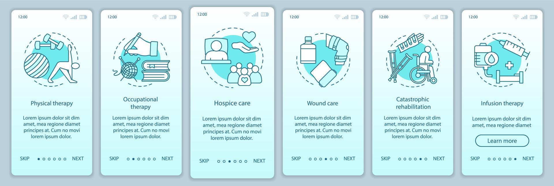 rehabilitering sjukhus onboarding mobil app sida skärm vektor mall. steg för genomgång av omvårdnadstjänstens webbplats. sjukgymnastik, sårvård, hospice. ux, ui, gui smartphone gränssnitt koncept